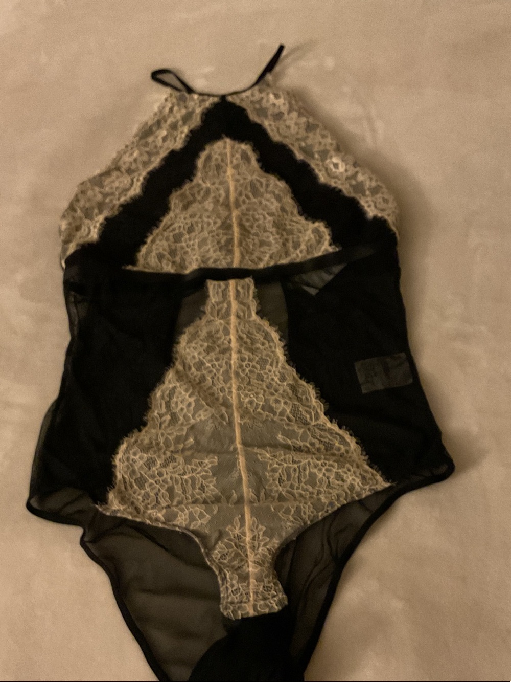 INC International Concepts Black and Ivory Lace Halter Bodysuit
